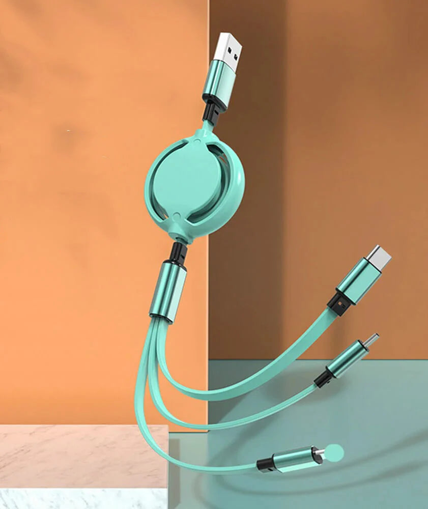 3-in-1 Retractable Charging Cable, USB-C, Micro-USB and 8-Pin, 1.2m